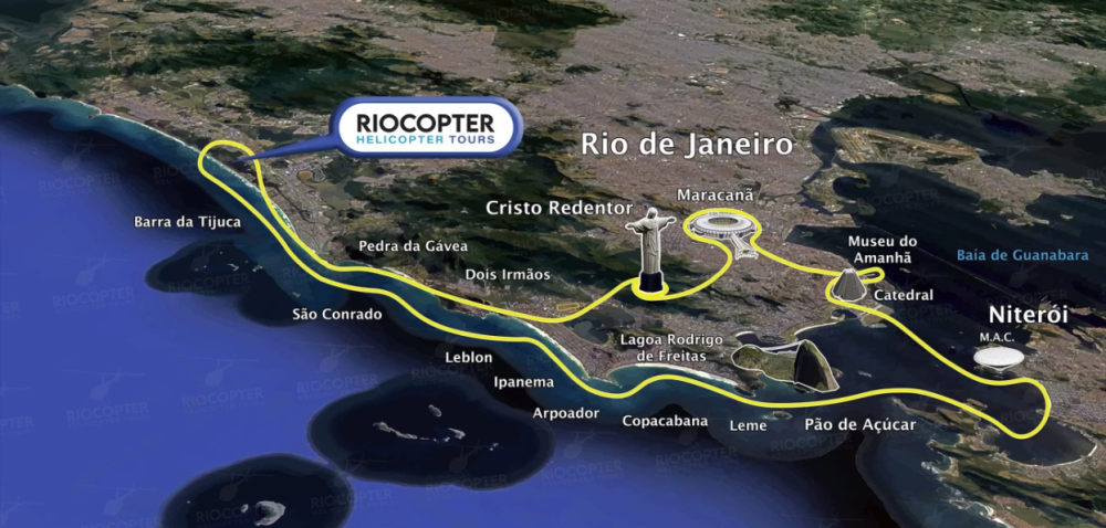Mapa do roteiro passeio de helicóptero Deluxe Tour